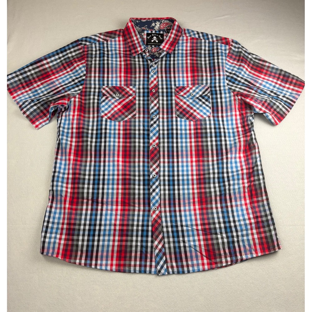 Rock Roll-n-Soul Shirt Mens 3XL Plaid Short Sleeve Skull Cross Guitar Paisley